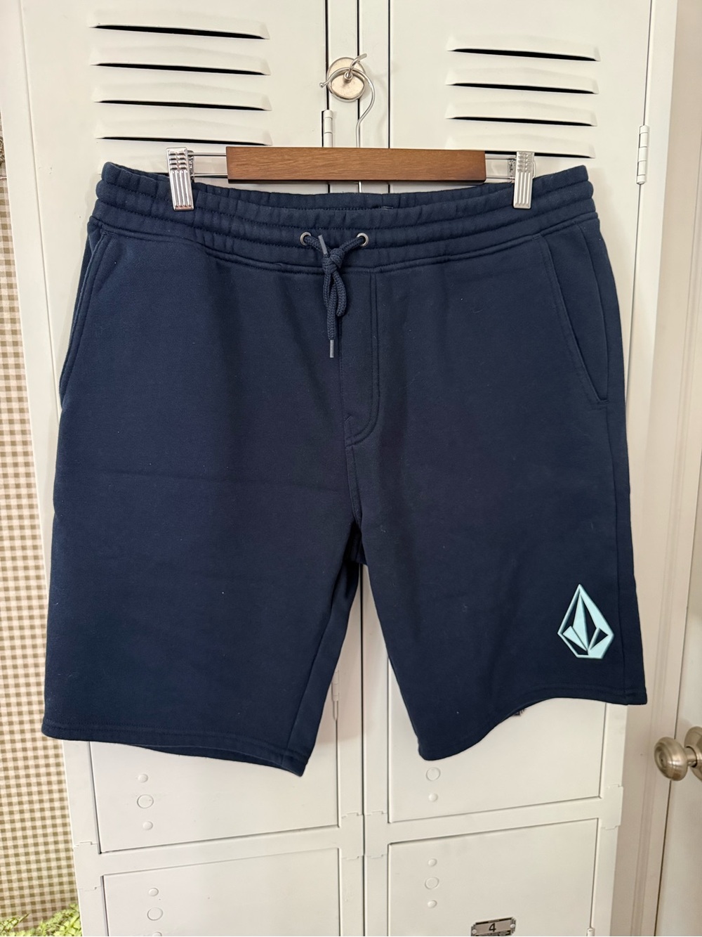 Volcom Men's Navy Shorts with Light Blue Logo